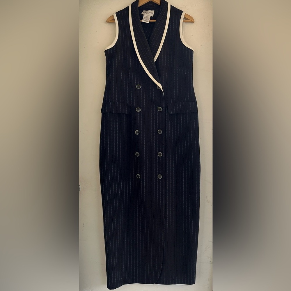 Vintage sleeveless double breasted maxi dress. Black with white stripe